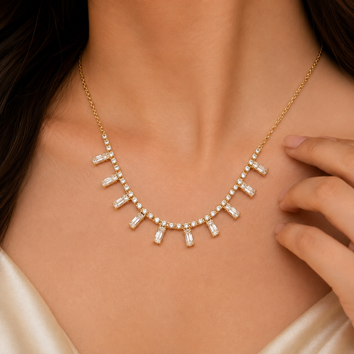 Elegant Gold-Plated Crystal Baguette Pendant Necklace