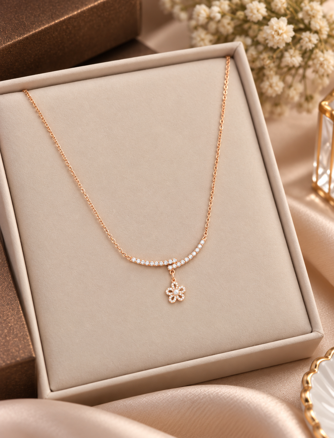 Rose Gold Crystal Floral Pendant Necklace