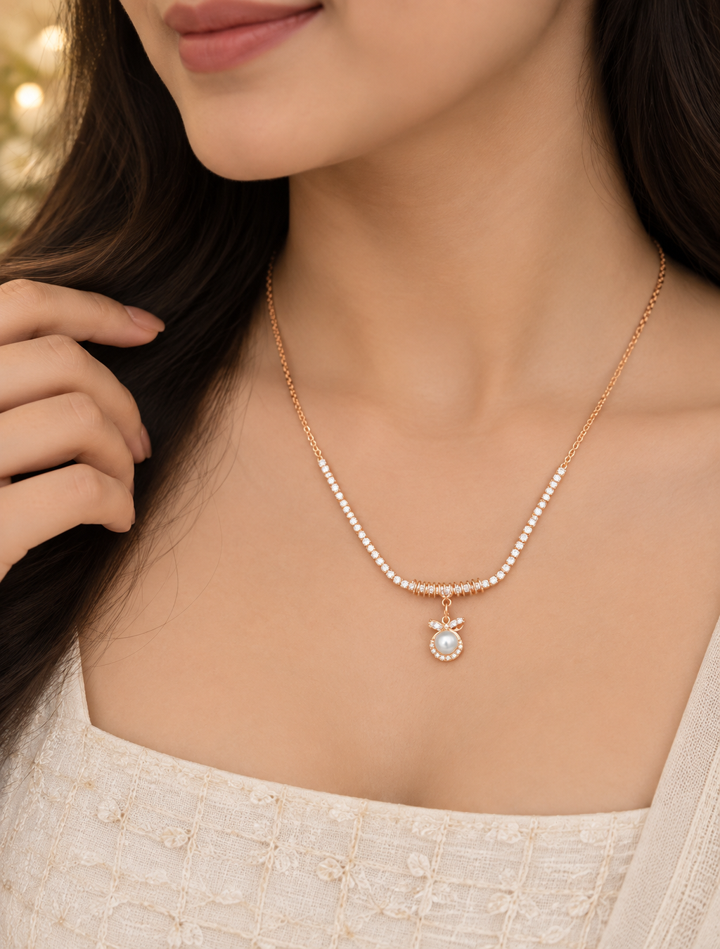 Rose Gold Pearl Drop Designer Chain Necklace