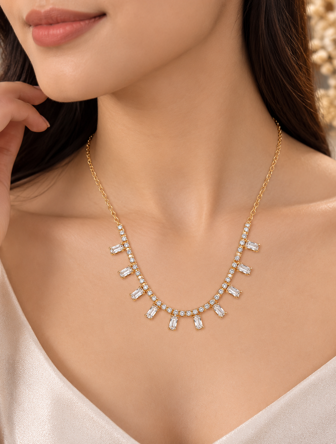 Golden Crystal Baguette Drop Necklace