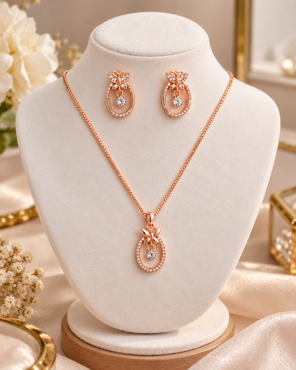 Rose Gold Butterfly CZ Necklace & Earring Set